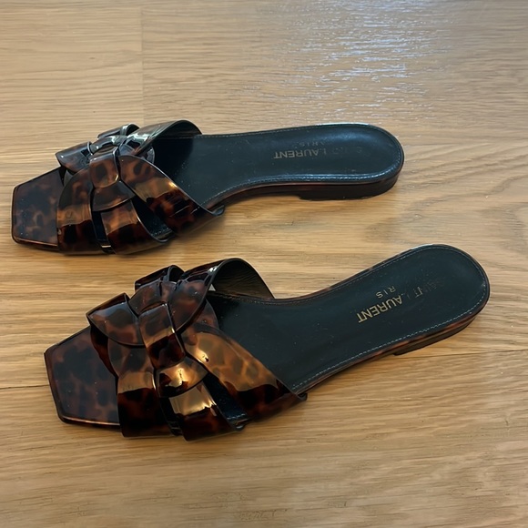 YSL YVES SAINT LAURENT TRIBUTE BROWN BLACK FLAT SANDALS SZ 36 6 - Picture 3 of 5